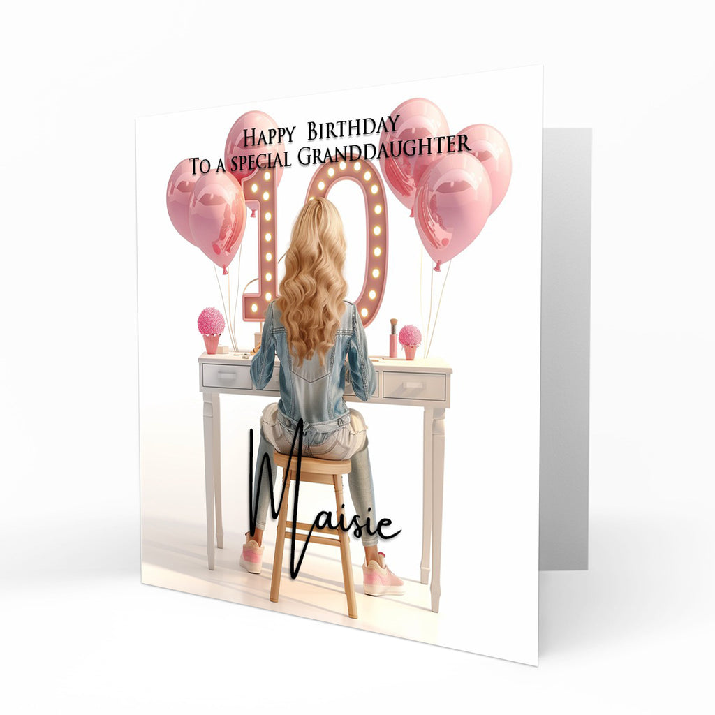 Personalised 10th Birthday Card - Girl at a Dressing Table with Number Lights