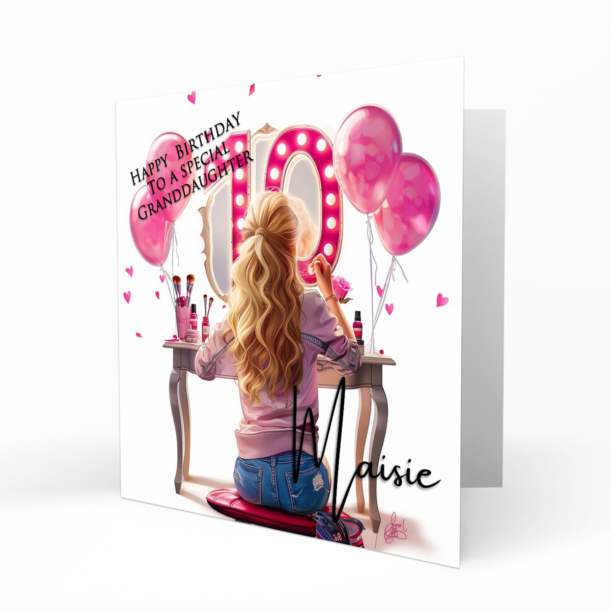 Personalised 10th Birthday Card Girls Granddaughter Niece Daughter Sister Friend Teenager, Dressing Table, Marquee Lights Pink