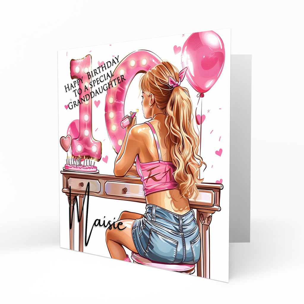 Personalised 10th Birthday Card - Girl at a Dressing Table with Number Lights