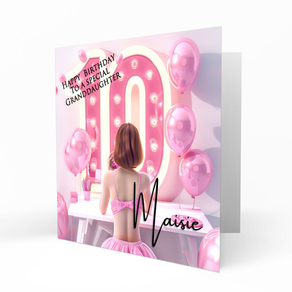Personalised 10th Birthday Card - Girl at a Dressing Table with Number Lights