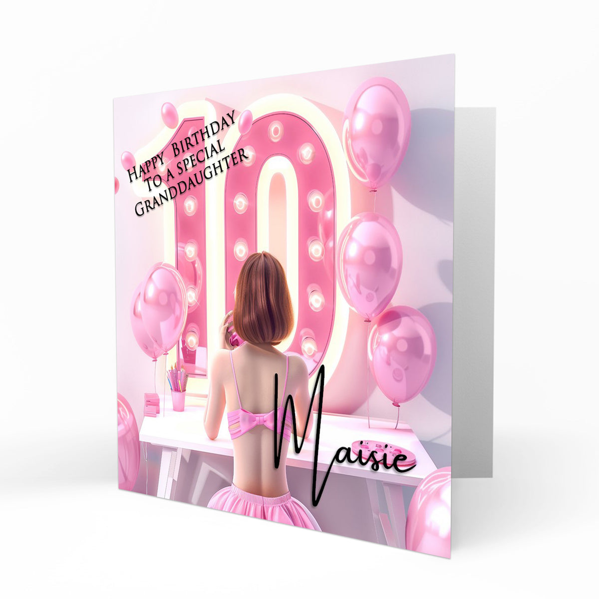 Personalised 10th Birthday Card - Girl at a Dressing Table with Number Lights