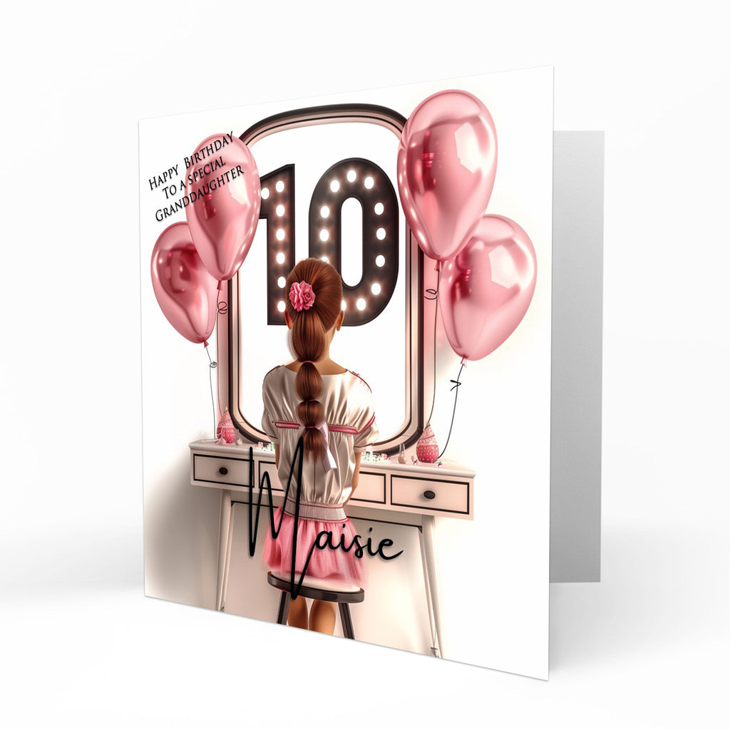 Personalised 10th Birthday Card Girls Granddaughter Niece Daughter Sister Friend Teenager, Dressing Table, Marquee Lights Pink