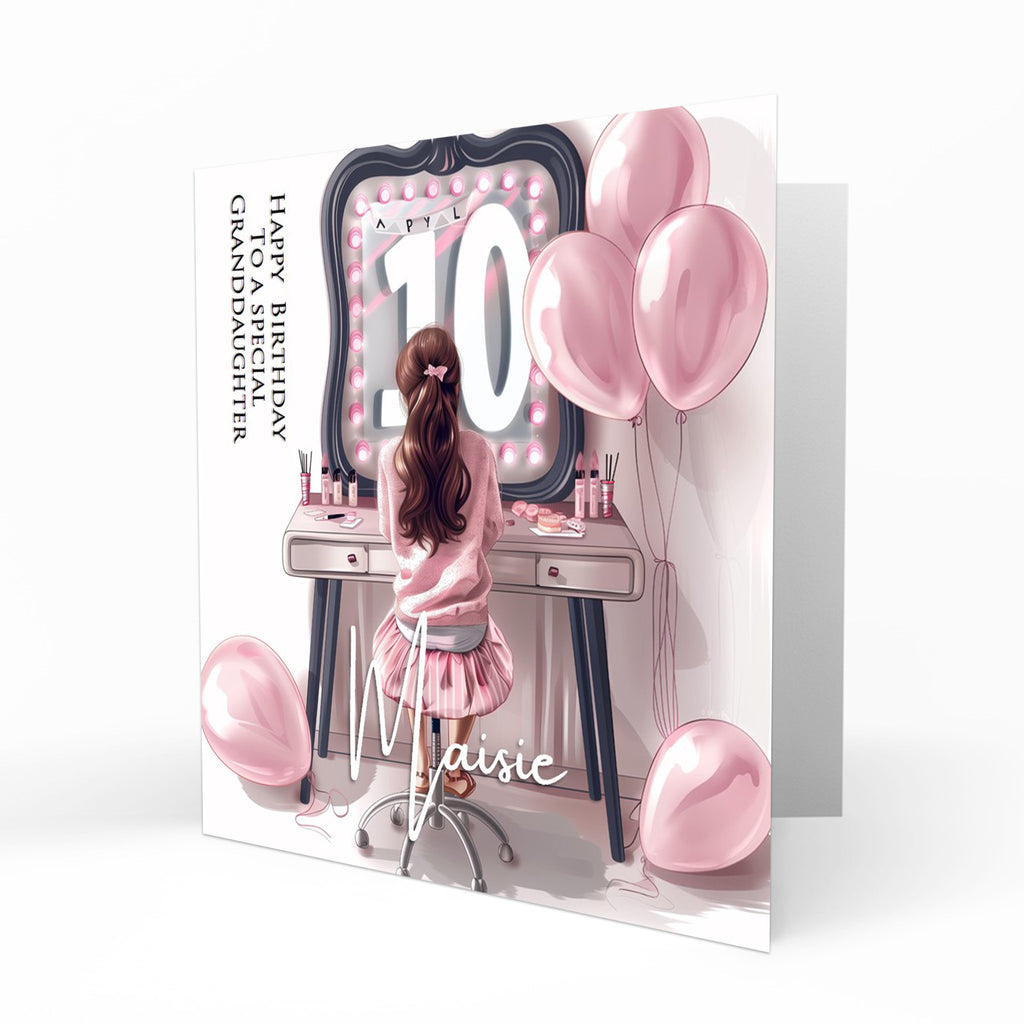 Personalised 10th Birthday Card - Girl at a Dressing Table with Number Lights