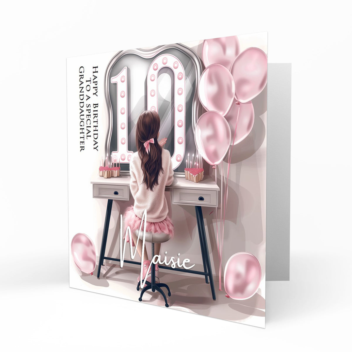 Personalised 10th Birthday Card - Girl at a Dressing Table with Number Lights