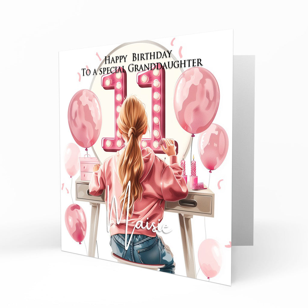 Personalised 11th Birthday Card Girls Granddaughter Niece Daughter Sister Friend Teenager, Dressing Table, Marquee Lights Pink