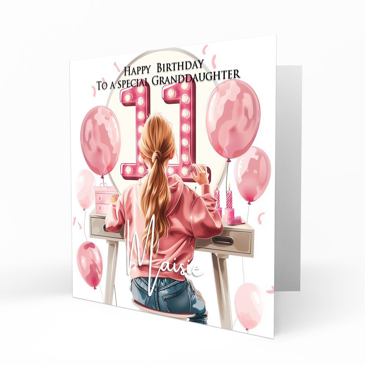 Personalised 11th Birthday Card Girls Granddaughter Niece Daughter Sister Friend Teenager, Dressing Table, Marquee Lights Pink