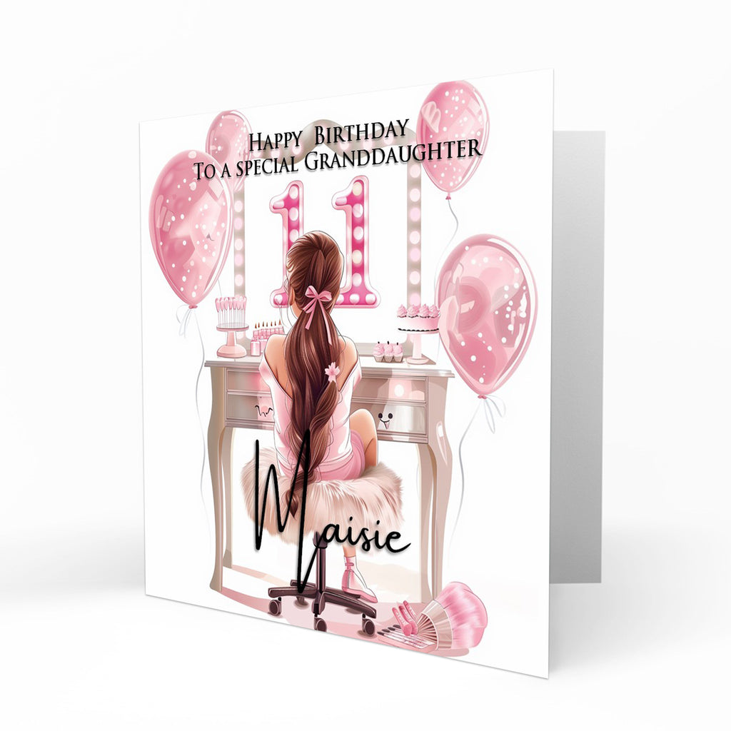 Personalised 11th Birthday Card - Girl at a Dressing Table with Number Lights