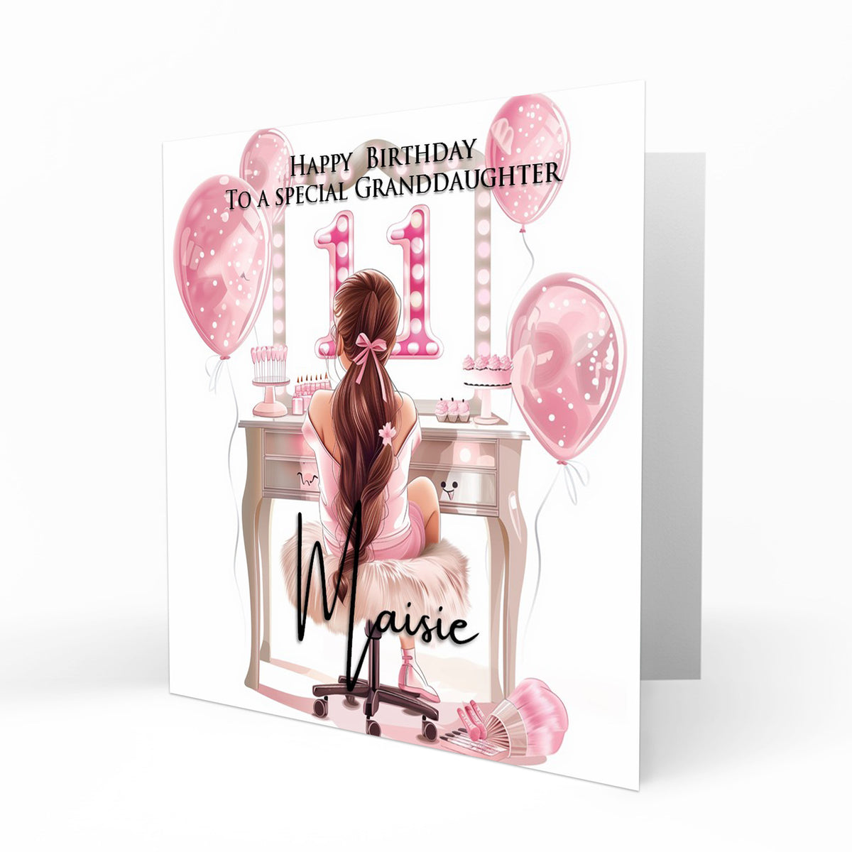 Personalised 11th Birthday Card - Girl at a Dressing Table with Number Lights
