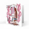 Personalised 11th Birthday Card - Girl at a Dressing Table with Number Lights