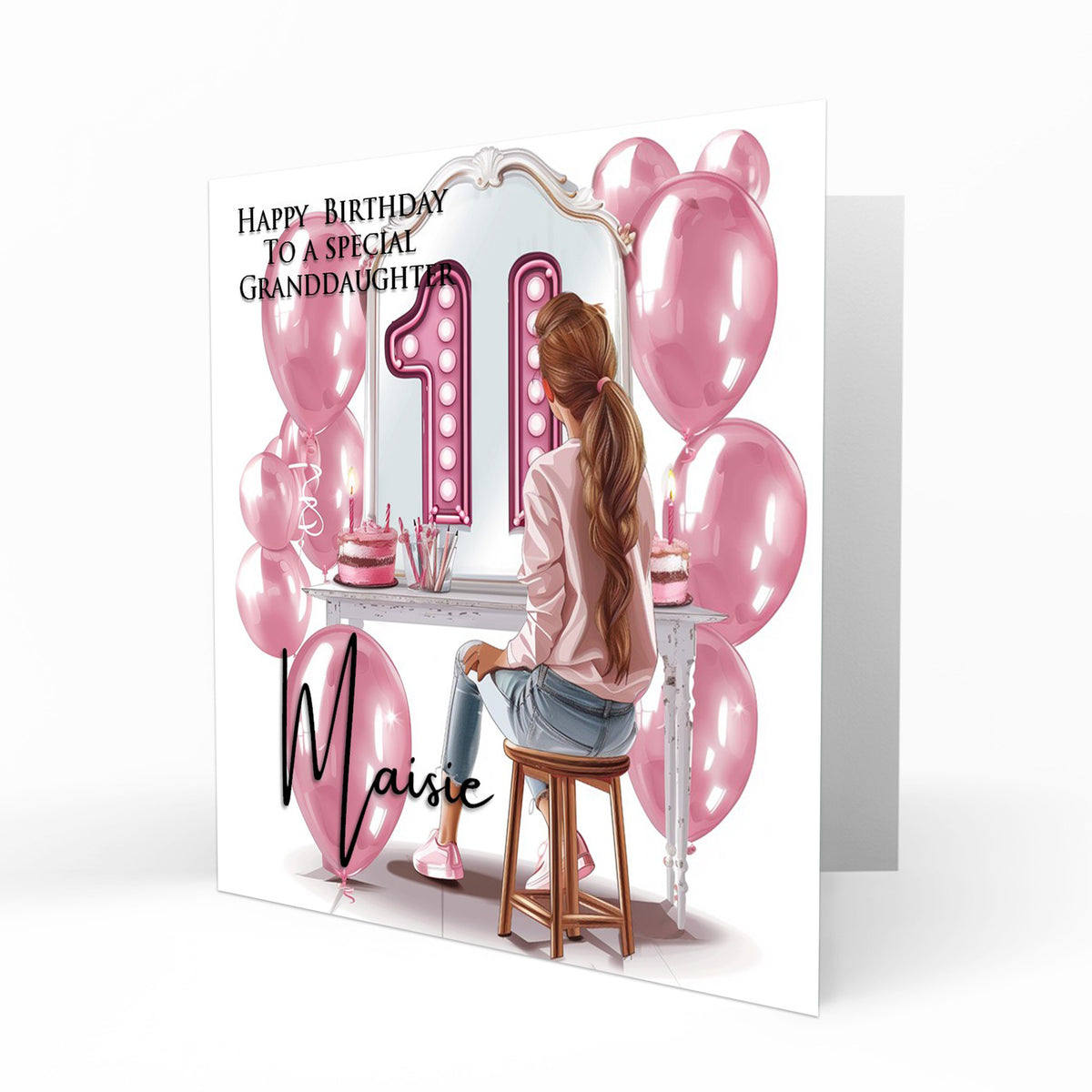 Personalised 11th Birthday Card - Girl at a Dressing Table with Number Lights