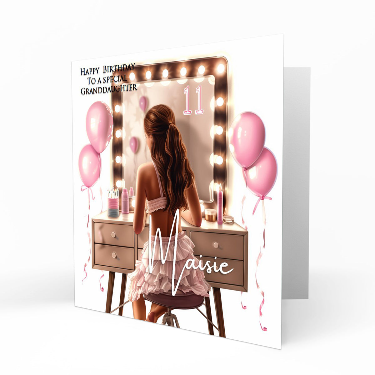 Personalised 11th Birthday Card Girls Granddaughter Niece Daughter Sister Friend Teenager, Dressing Table, Marquee Lights Pink