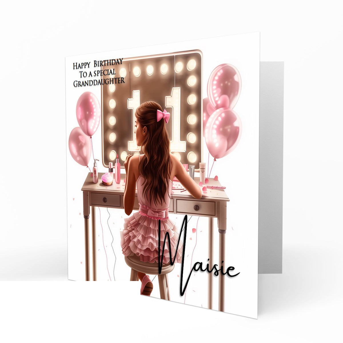 Personalised 11th Birthday Card Girls Granddaughter Niece Daughter Sister Friend Teenager, Dressing Table, Marquee Lights Pink