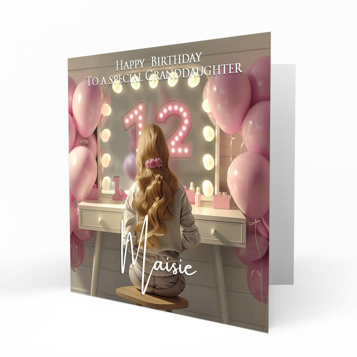 Personalised 12th Birthday Card Girls Granddaughter Niece Daughter Sister Friend Teenager, Dressing Table, Marquee Lights Pink