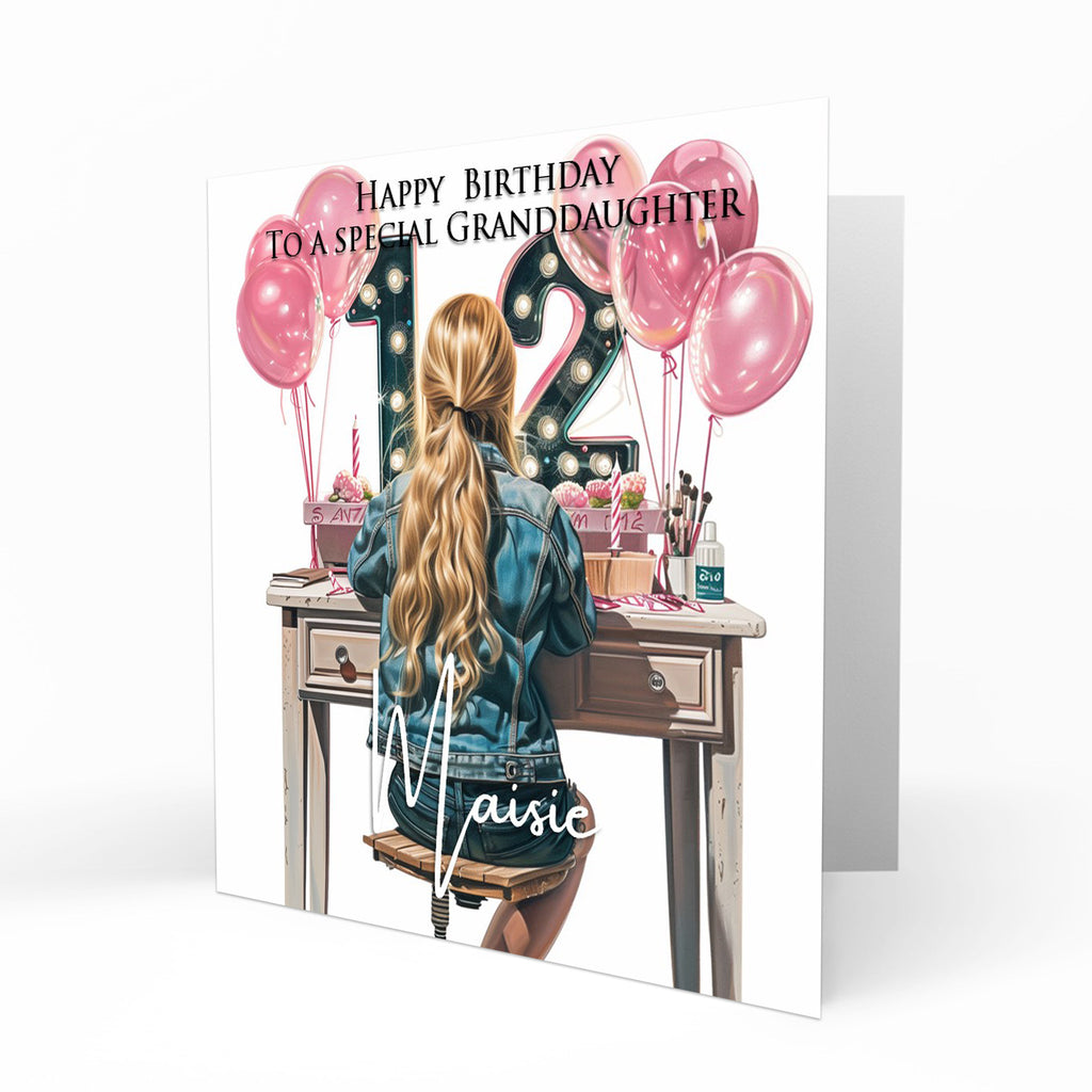 Personalised 12th Birthday Card - Girl at a Dressing Table with Number Lights