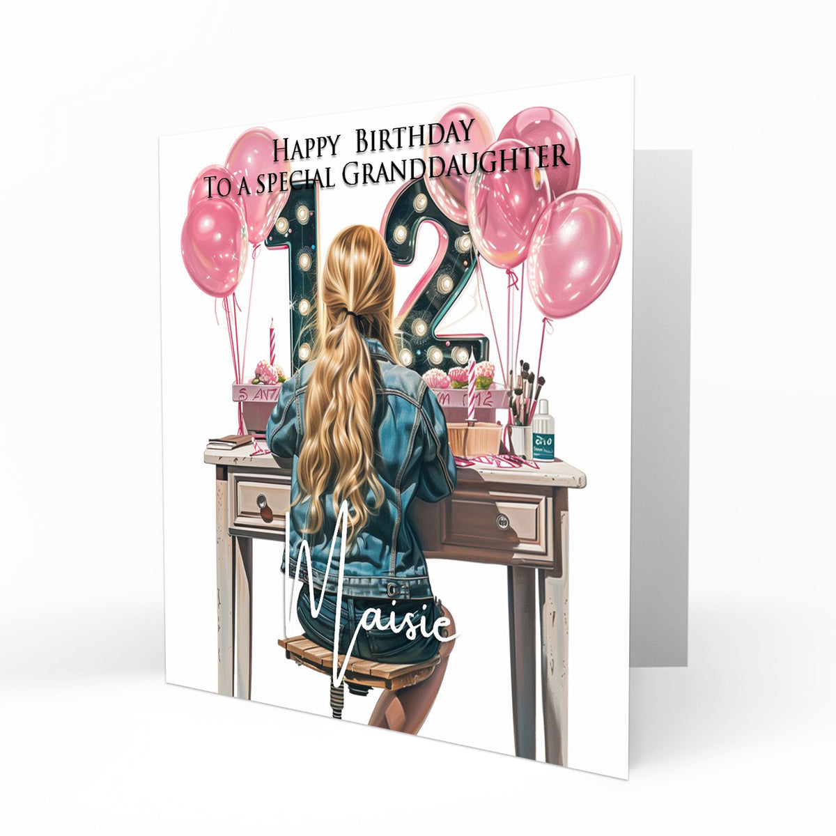 Personalised 12th Birthday Card - Girl at a Dressing Table with Number Lights