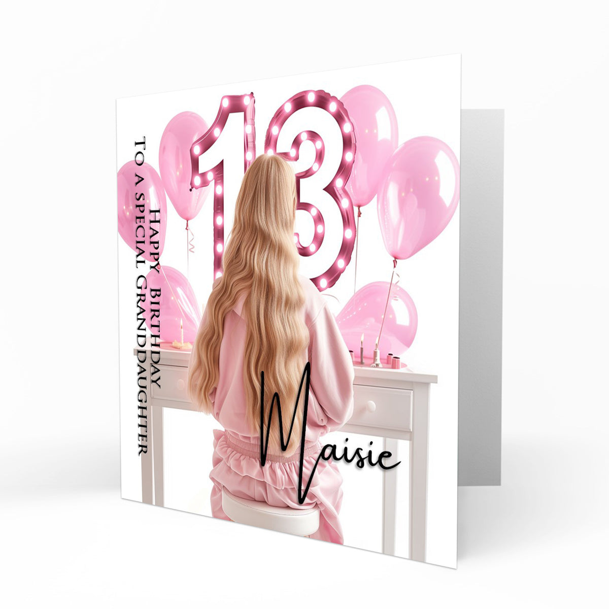 Personalised 13th Birthday Card Girls Granddaughter Niece Daughter Sister Friend Teenager, Dressing Table, Marquee Lights Pink
