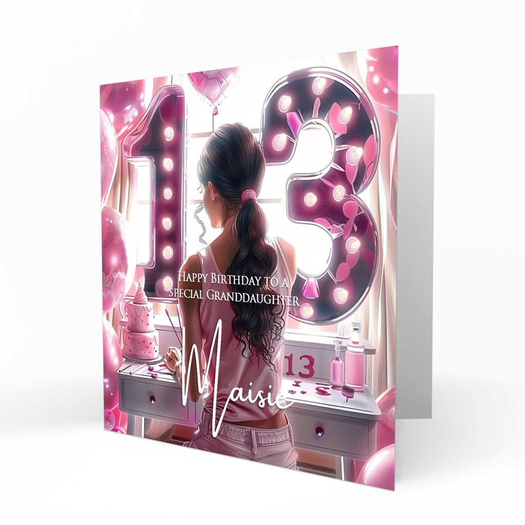 Personalised 13th Birthday Card Girls Granddaughter Niece Daughter Sister Friend Teenager, Dressing Table, Marquee Lights Pink