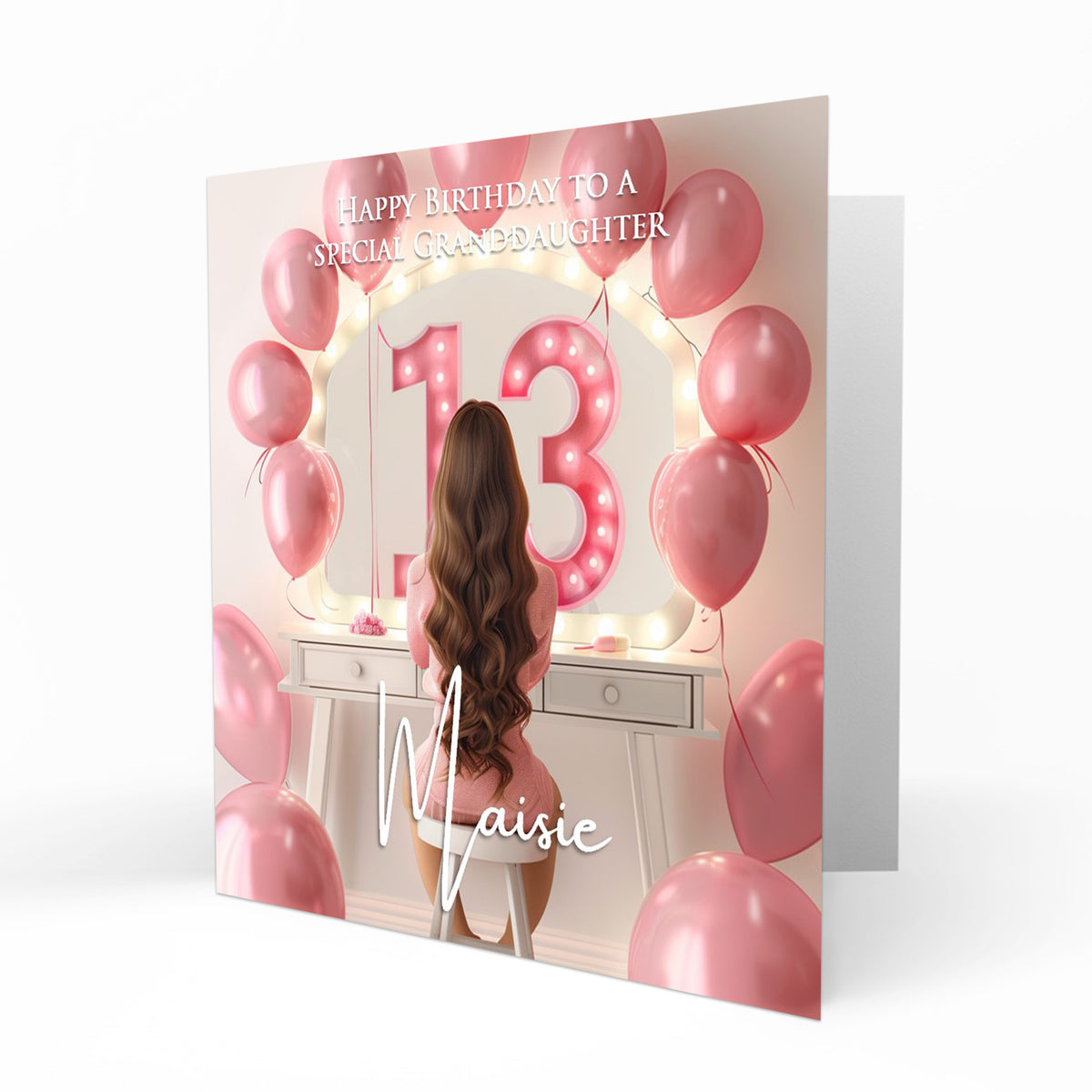 Personalised 13th Birthday Card Girls Granddaughter Niece Daughter Sister Friend Teenager, Dressing Table, Marquee Lights Pink