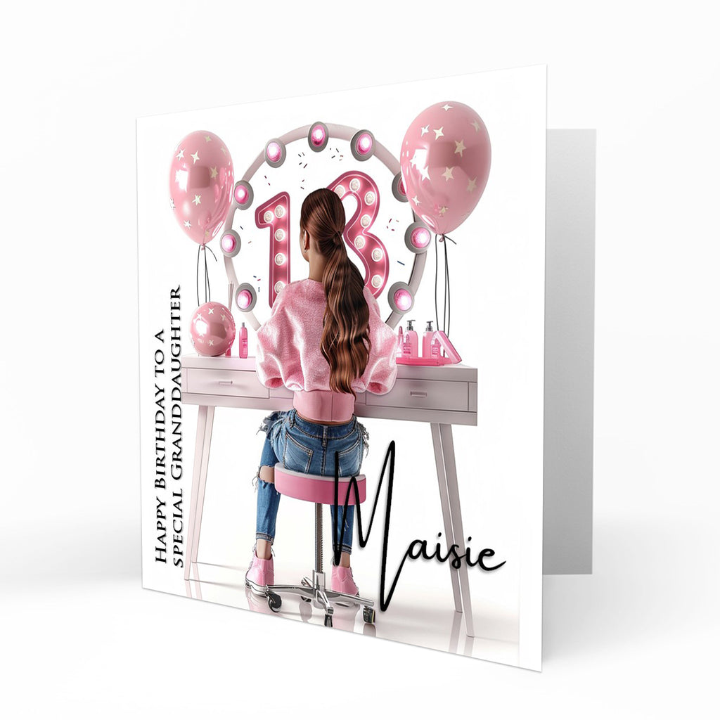 Personalised 13th Birthday Card - Girl at a Dressing Table with Number Lights