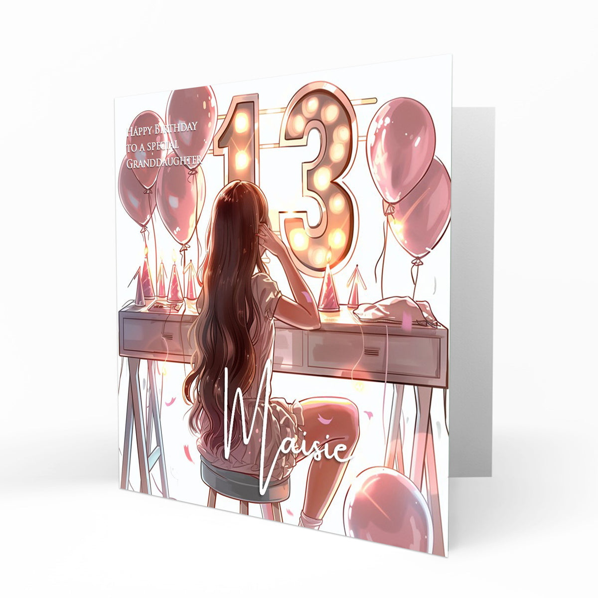 Personalised 13th Birthday Card Girls Granddaughter Niece Daughter Sister Friend Teenager, Dressing Table, Marquee Lights Pink