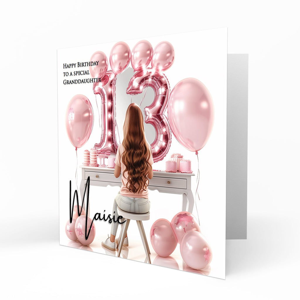Personalised 13th Birthday Card Girls Granddaughter Niece Daughter Sister Friend Teenager, Dressing Table, Marquee Lights Pink