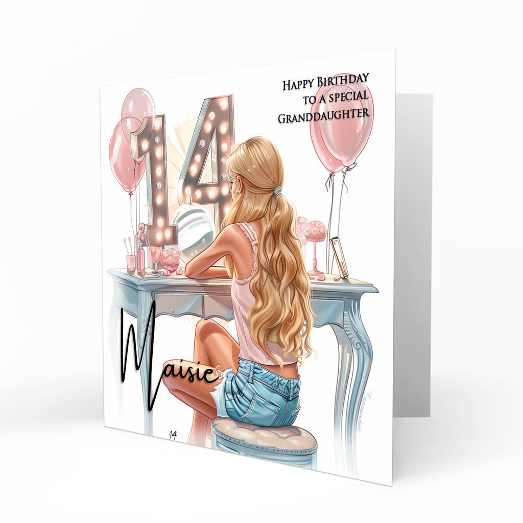 Personalised 14th Birthday Card Girls Granddaughter Niece Daughter Sister Friend Teenager, Dressing Table, Marquee Lights Pink