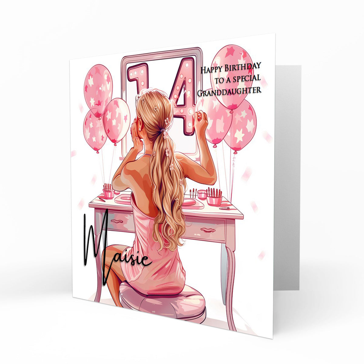 Personalised 14th Birthday Card Girls Granddaughter Niece Daughter Sister Friend Teenager, Dressing Table, Marquee Lights Pink