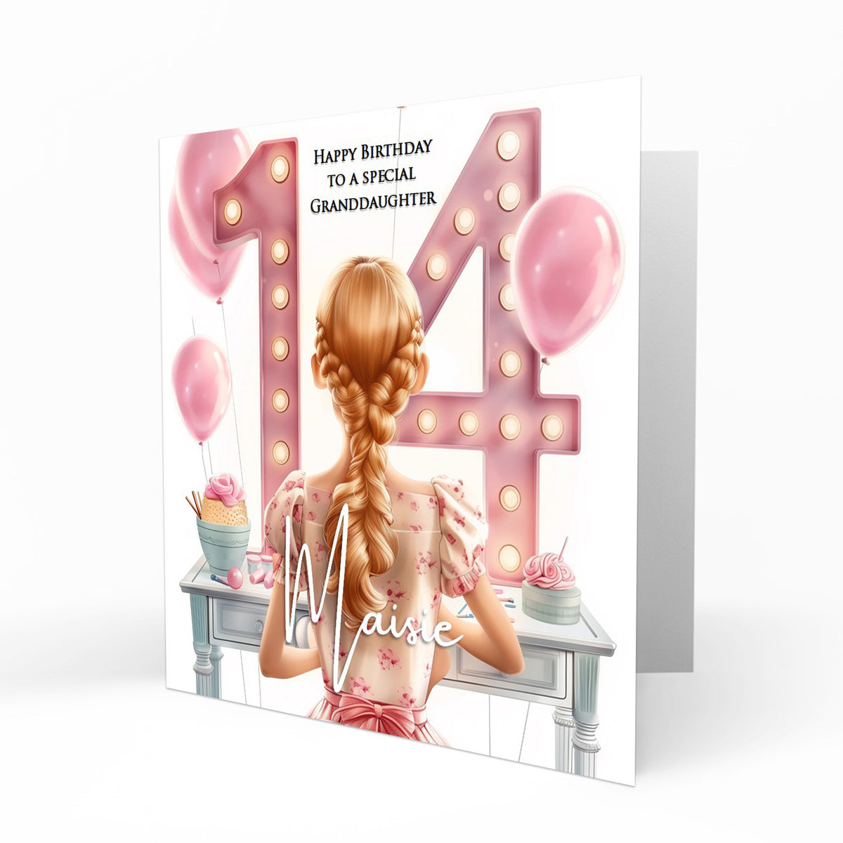 Personalised 14th Birthday Card - Girl at a Dressing Table with Number Lights