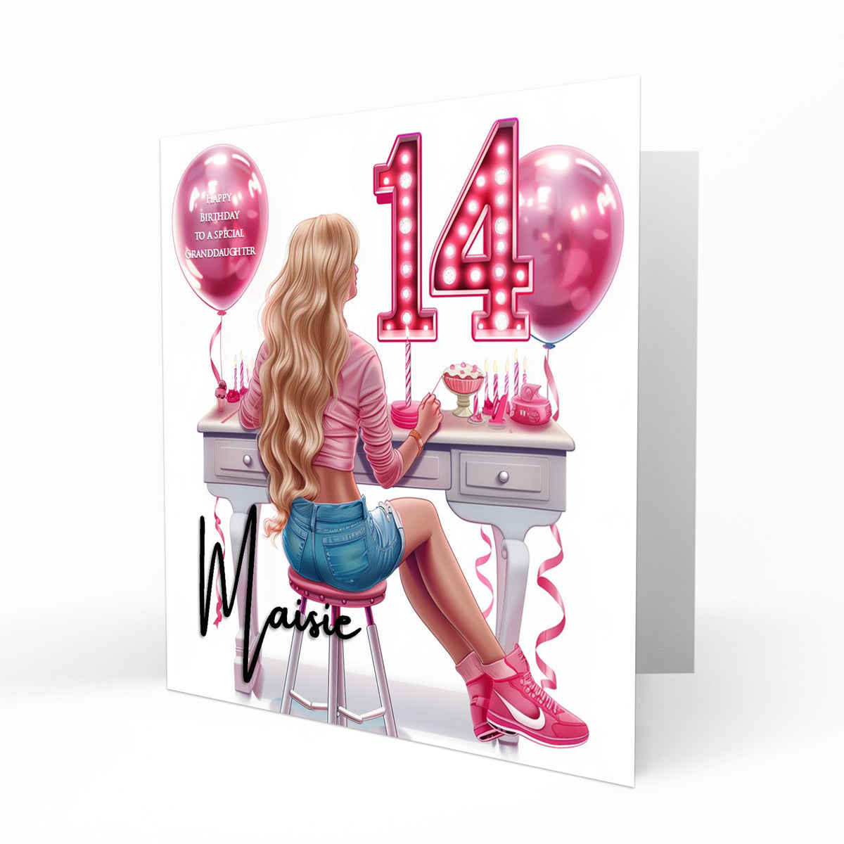 Personalised 14th Birthday Card - Girl at a Dressing Table with Number Lights