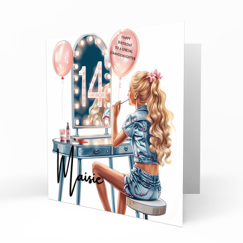 Personalised 14th Birthday Card Girls Granddaughter Niece Daughter Sister Friend Teenager, Dressing Table, Marquee Lights Pink