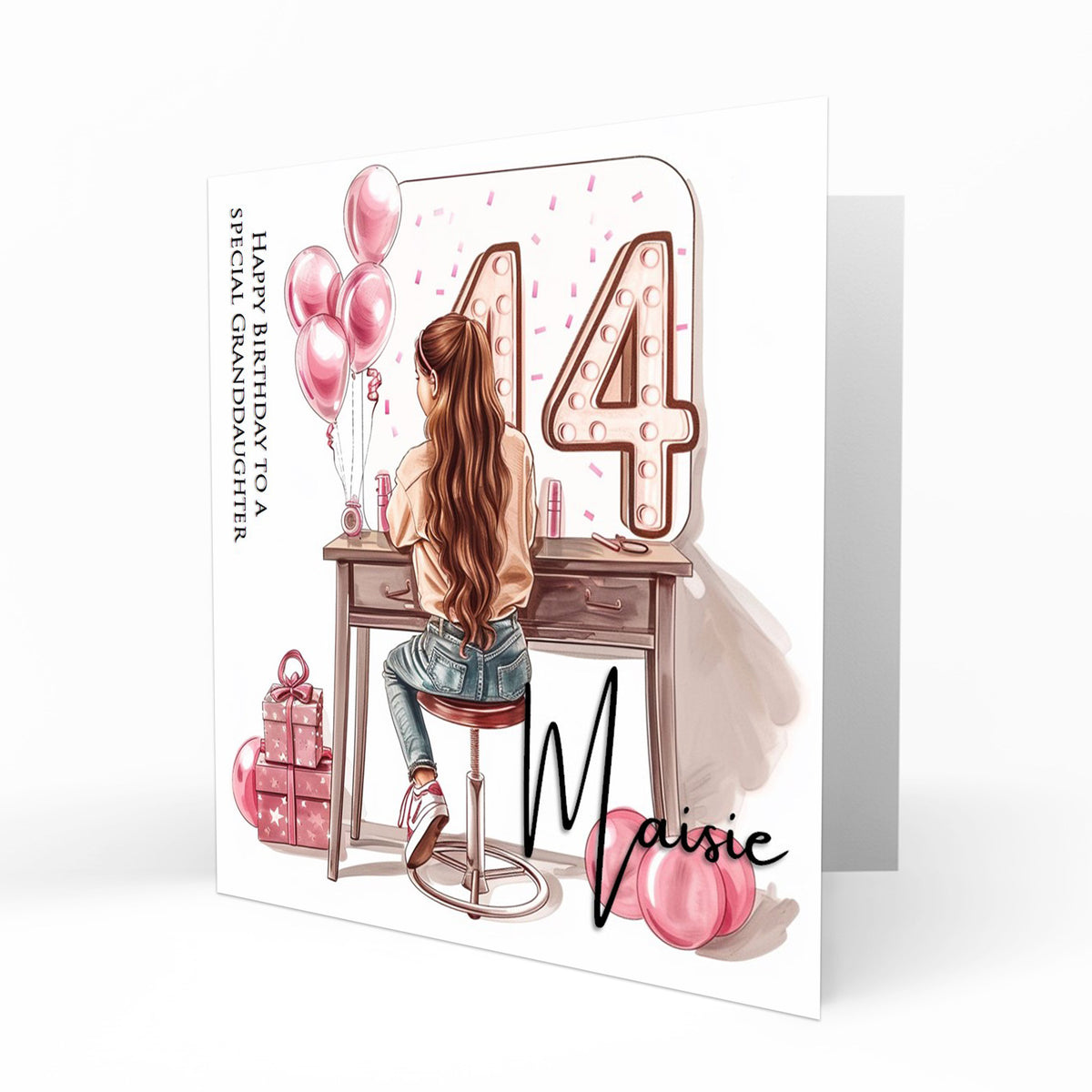 Personalised 14th Birthday Card Girls Granddaughter Niece Daughter Sister Friend Teenager, Dressing Table, Marquee Lights Pink