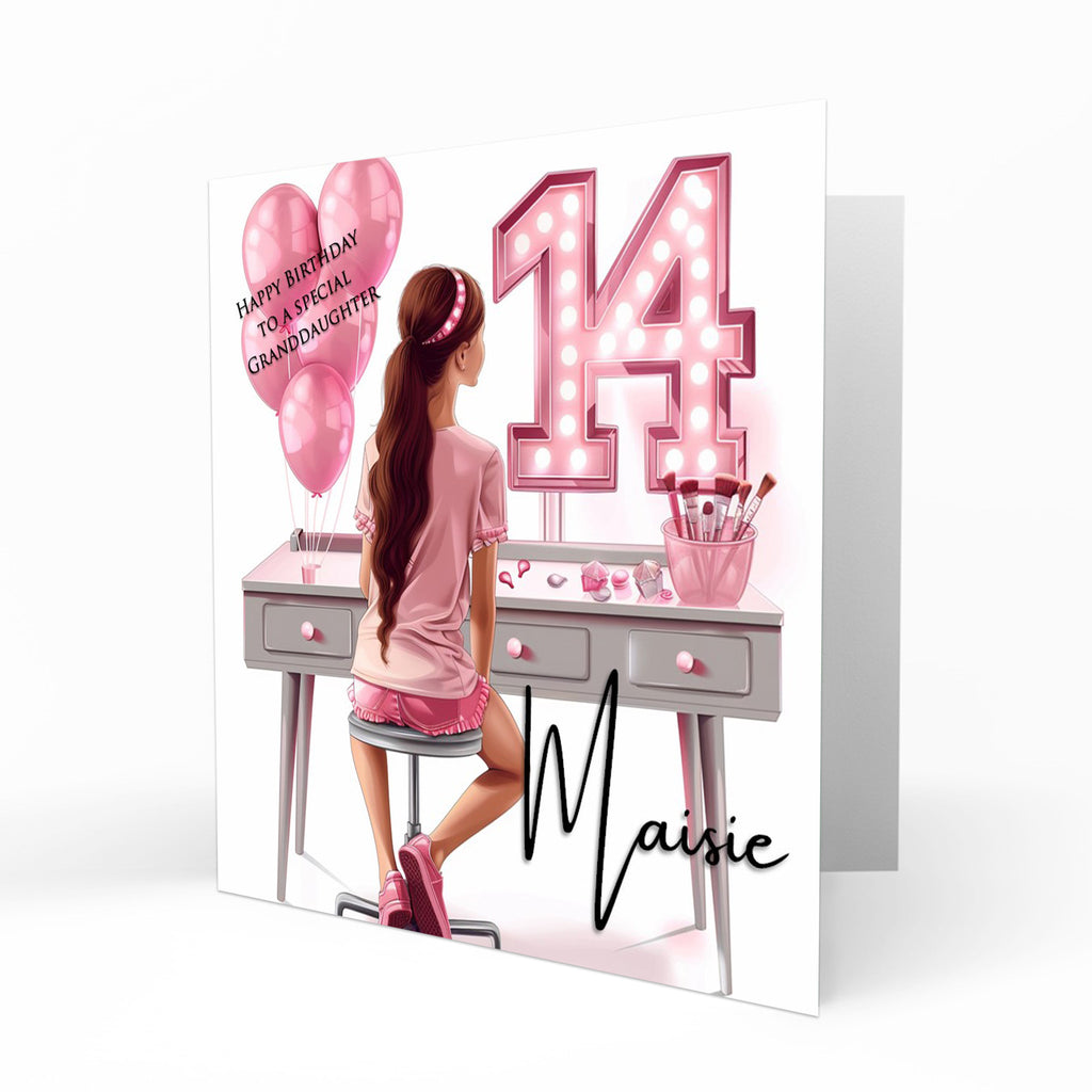 Personalised 14th Birthday Card Girls Granddaughter Niece Daughter Sister Friend Teenager, Dressing Table, Marquee Lights Pink