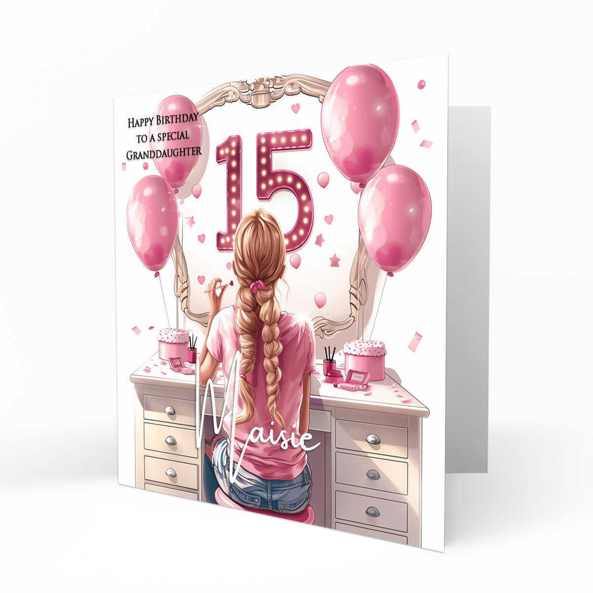 Personalised 15th Birthday Card - Girl at a Dressing Table with Number Lights