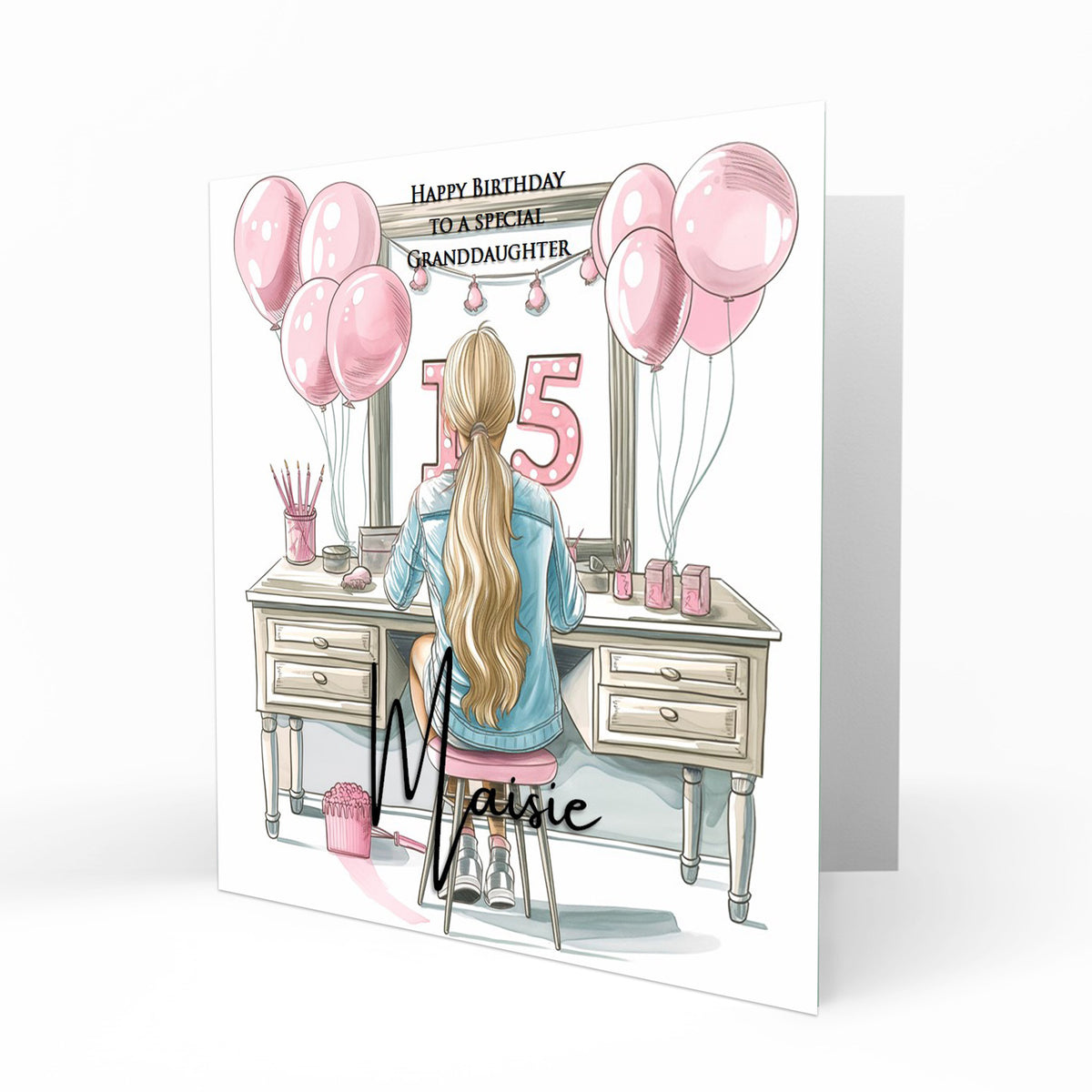 Personalised 15th Birthday Card - Girl at a Dressing Table with Number Lights