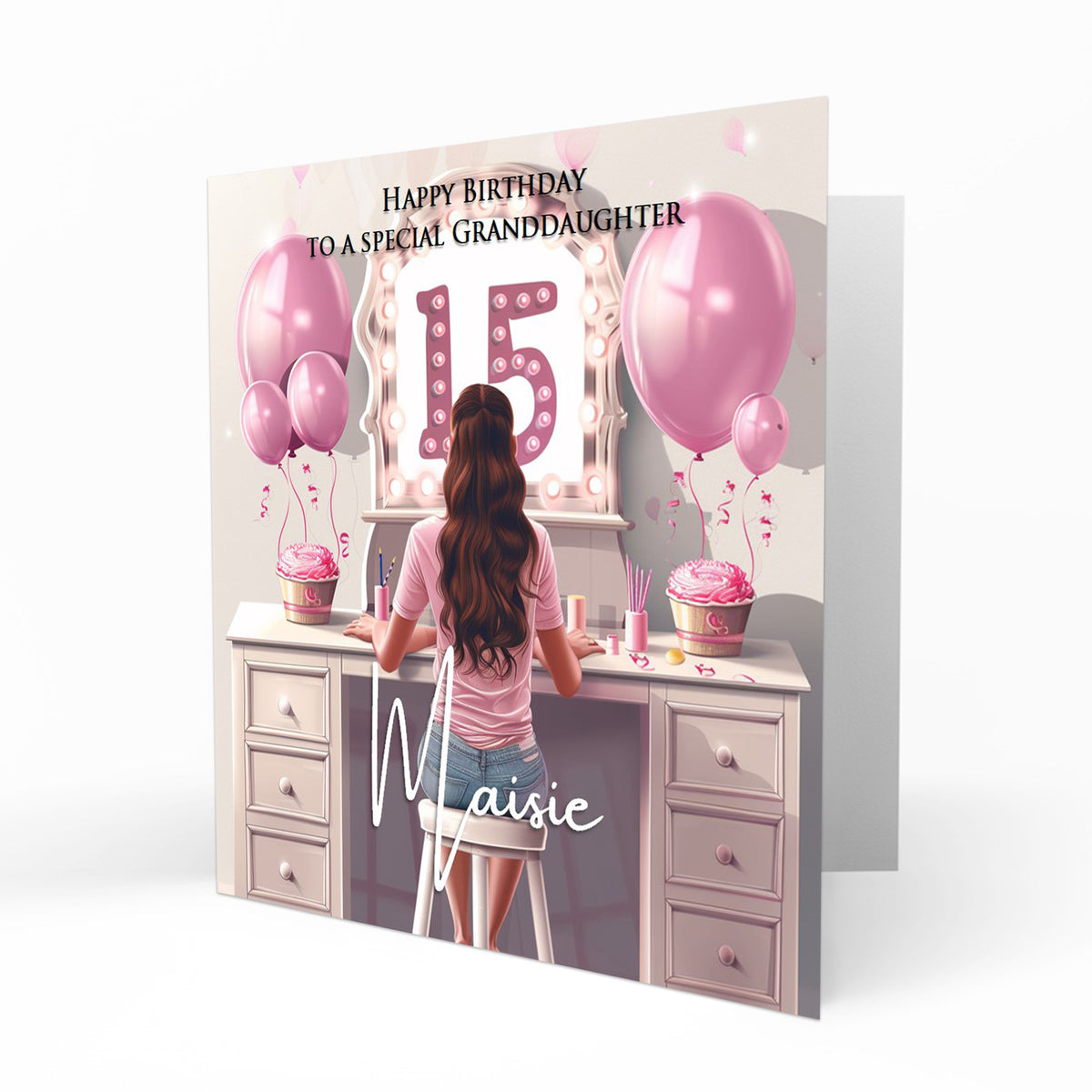 Personalised 15th Birthday Card - Girl at a Dressing Table with Number Lights