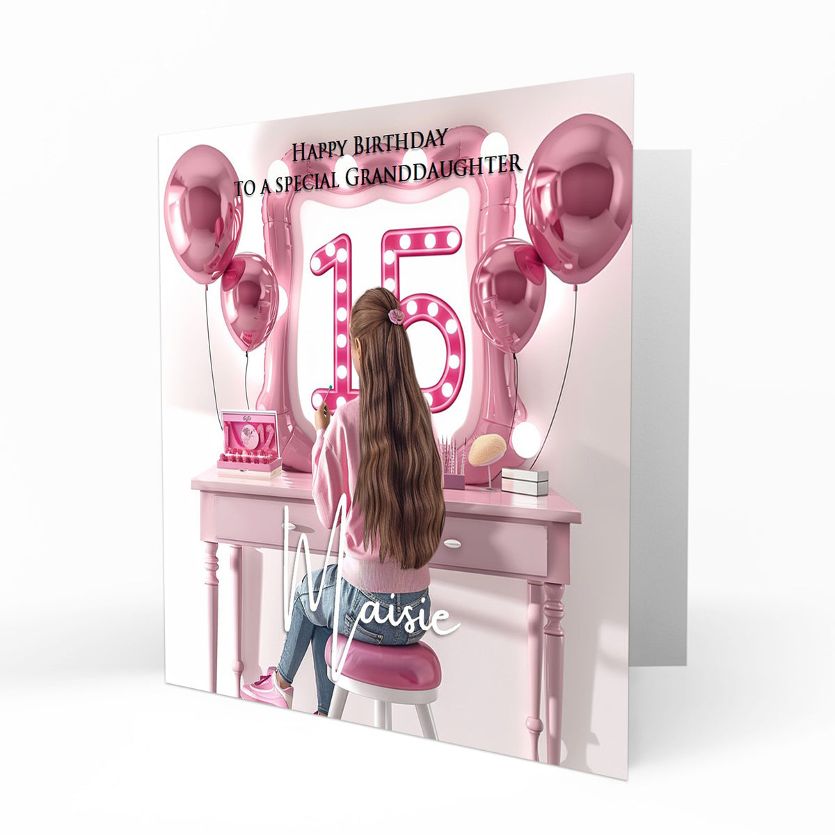 Personalised 15th Birthday Card - Girl at a Dressing Table with Number Lights