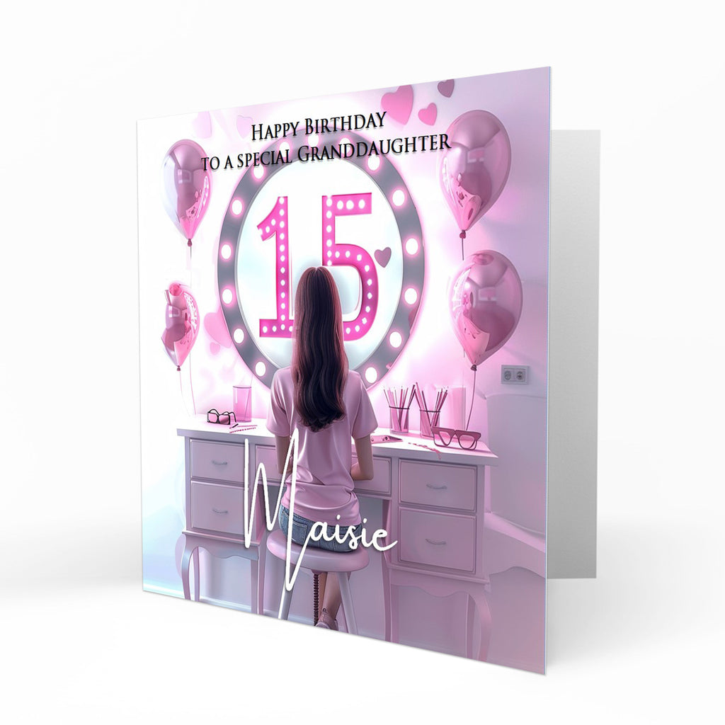 Personalised 15th Birthday Card Girls Granddaughter Niece Daughter Sister Friend Teenager, Dressing Table, Marquee Lights Pink