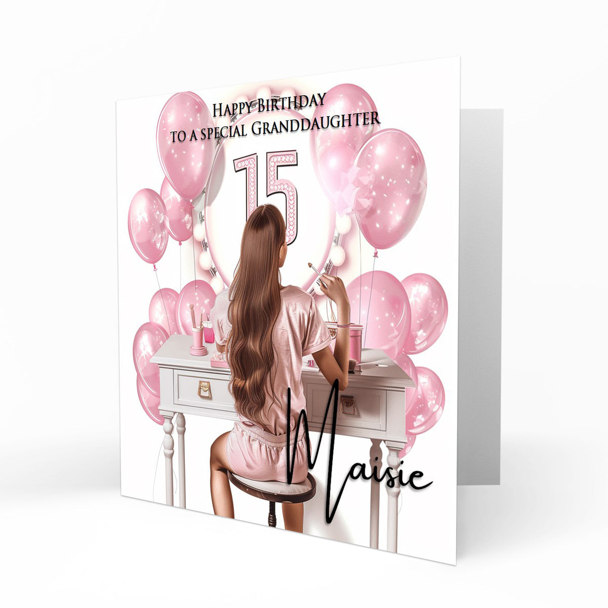 Personalised 15th Birthday Card Girls Granddaughter Niece Daughter Sister Friend Teenager, Dressing Table, Marquee Lights Pink