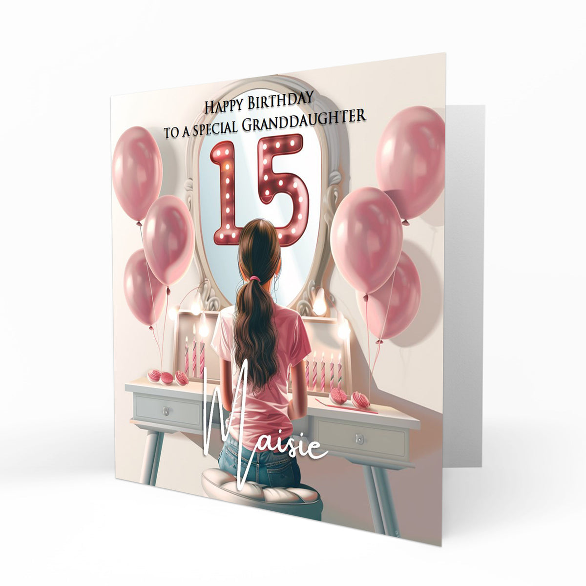 Personalised 15th Birthday Card Girls Granddaughter Niece Daughter Sister Friend Dressing Table Lights