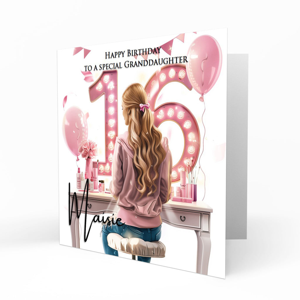 Personalised 16th Birthday Card Girls Granddaughter Niece Daughter Sister Friend Teenager, Dressing Table, Marquee Lights Pink