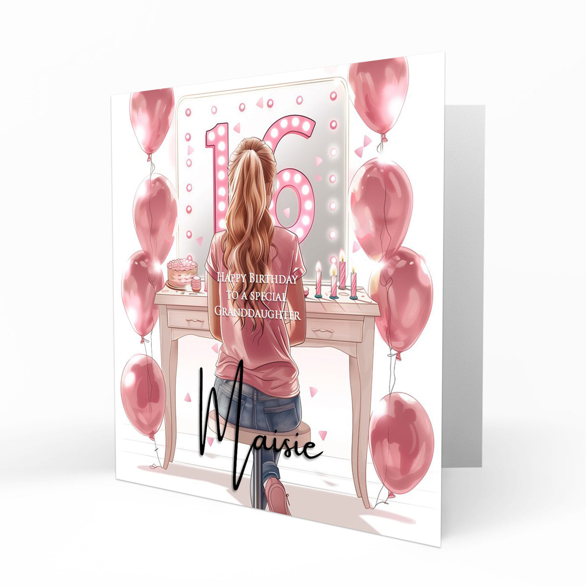 Personalised 16th Birthday Card - Girl at a Dressing Table with Number Lights