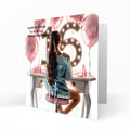 Personalised 16th Birthday Card - Girl at a Dressing Table with Number Lights