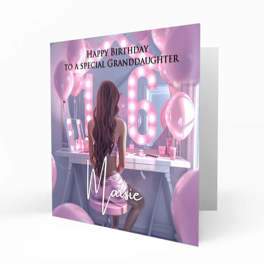Personalised 16th Birthday Card Girls Granddaughter Niece Daughter Sister Friend Teenager, Dressing Table, Marquee Lights Pink