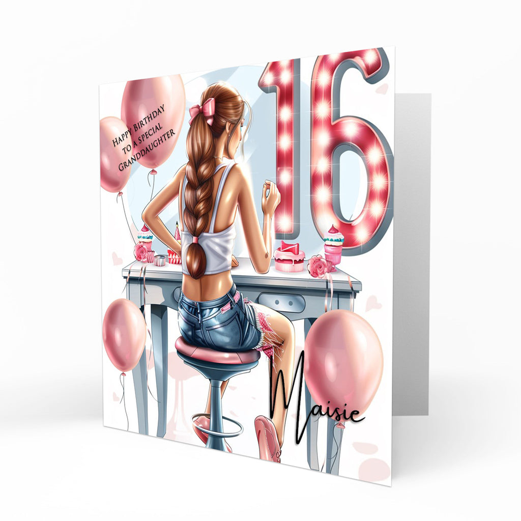 Personalised 16th Birthday Card - Girl at a Dressing Table with Number Lights