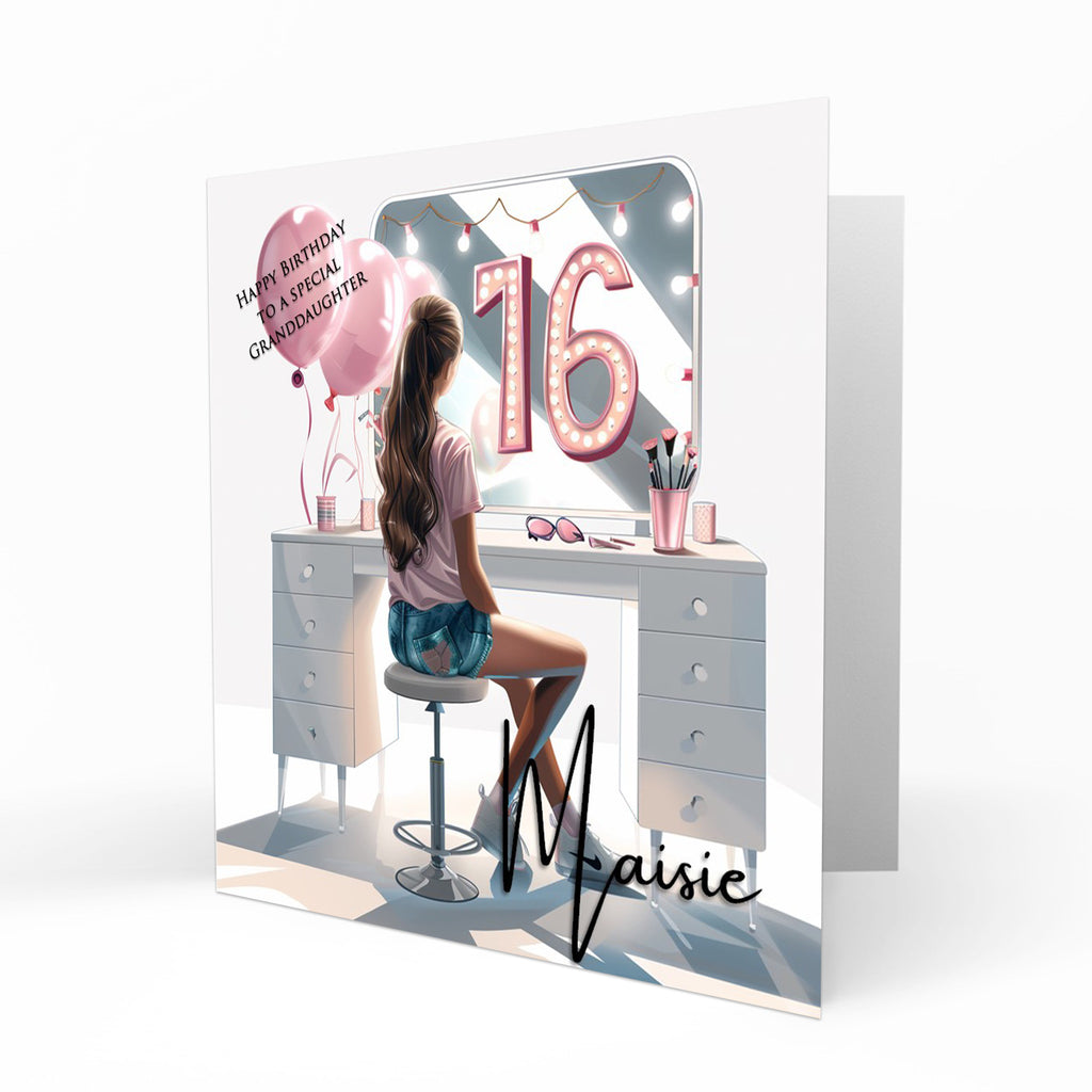 Personalized 16th Birthday Card: Marquee Lights Dressing Table Design