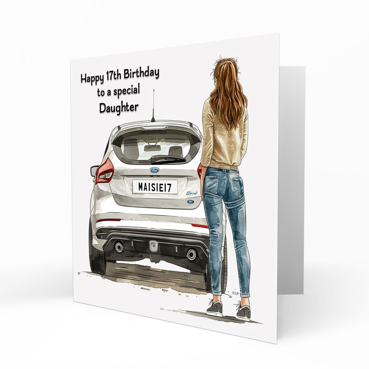 Personalised 17th Birthday Card - Young Woman with a Car
