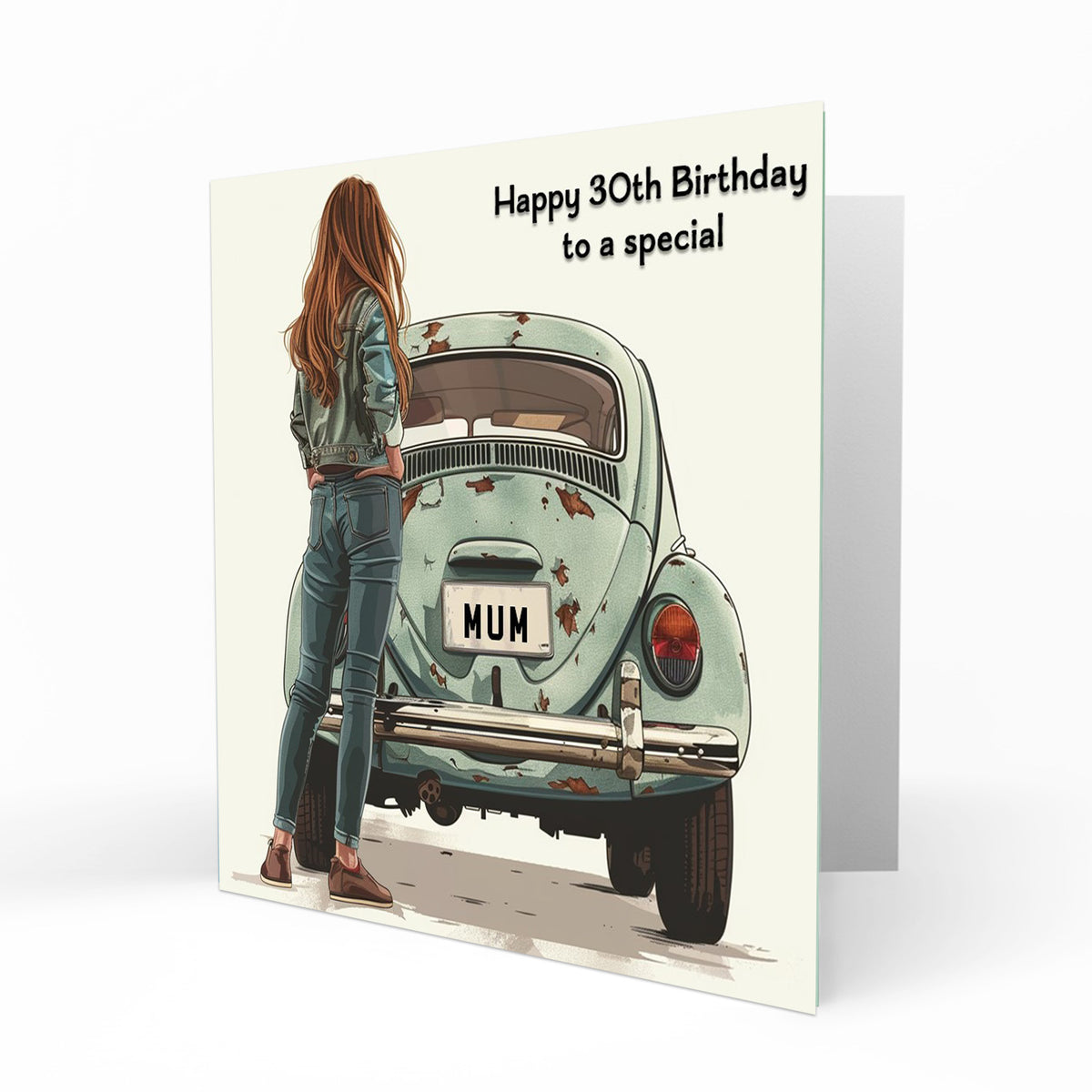 Personalised 30th Birthday Card - Young Woman with a Car
