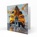 Personalised Birthday Card - Woman with a Yellow Sports Car