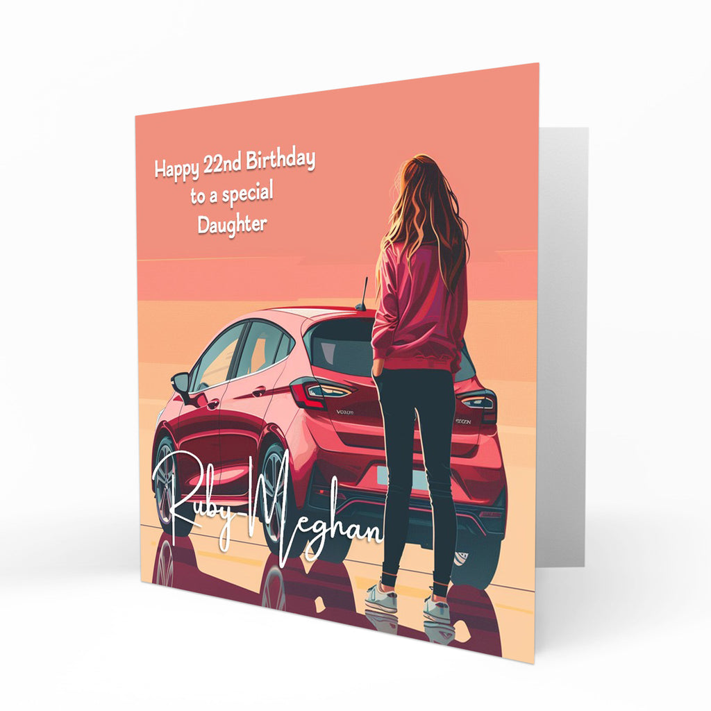 Personalised 22nd Birthday Card - Young Woman with a Car