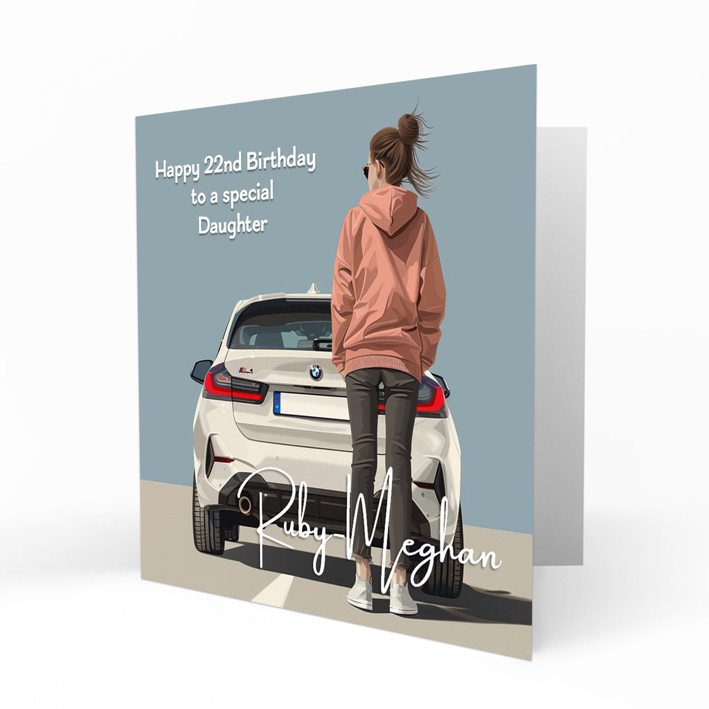 Personalised 22nd Birthday Card - Young Woman with a Car
